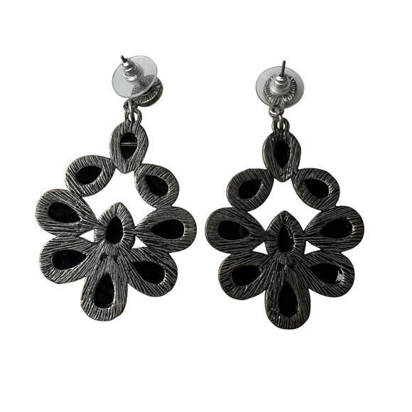 Black Statement Necklace and Earring Set Silver Tone Bold Teardrop Faceted Bold - Picture 7 of 13